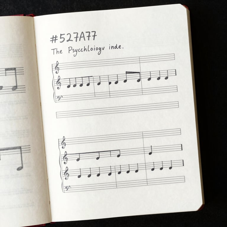 An open notebook showing a mix of handwritten psychological notes and musical notation in #527A79 ink.