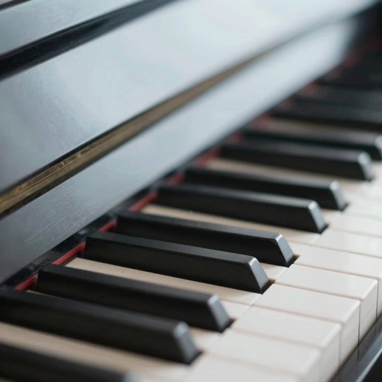 A close-up of piano keys with a soft focus, capturing the creative spirit of music education in #B8C7C9 tones.