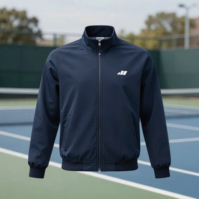 A modern tennis court background with a focused shot of a branded club jacket.