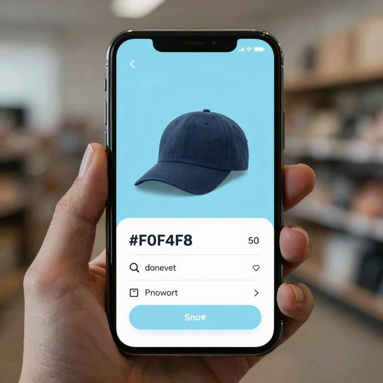 Close-up of a mobile phone displaying a smooth checkout process for a sports cap, using #F0F4F8 background.
