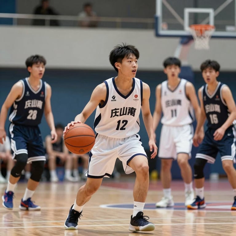 A group of youth basketball players in branded uniforms, energetic and professional photography.