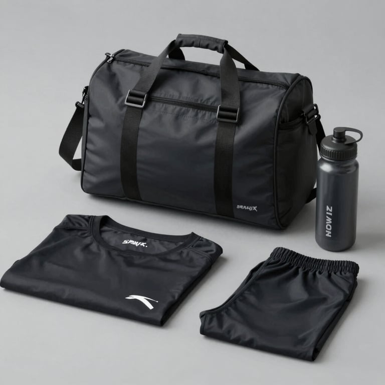 An assortment of branded sports gear, including a bag and water bottle, arranged neatly on a grey surface.
