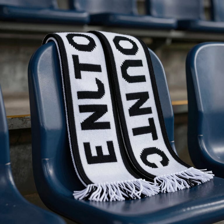 A sleek club scarf draped over a stadium seat, high contrast and professional sports photography style.