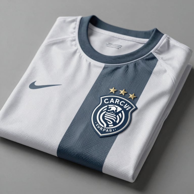 A professionally folded soccer jersey with a custom club crest, studio lighting, palette including #1A202C.