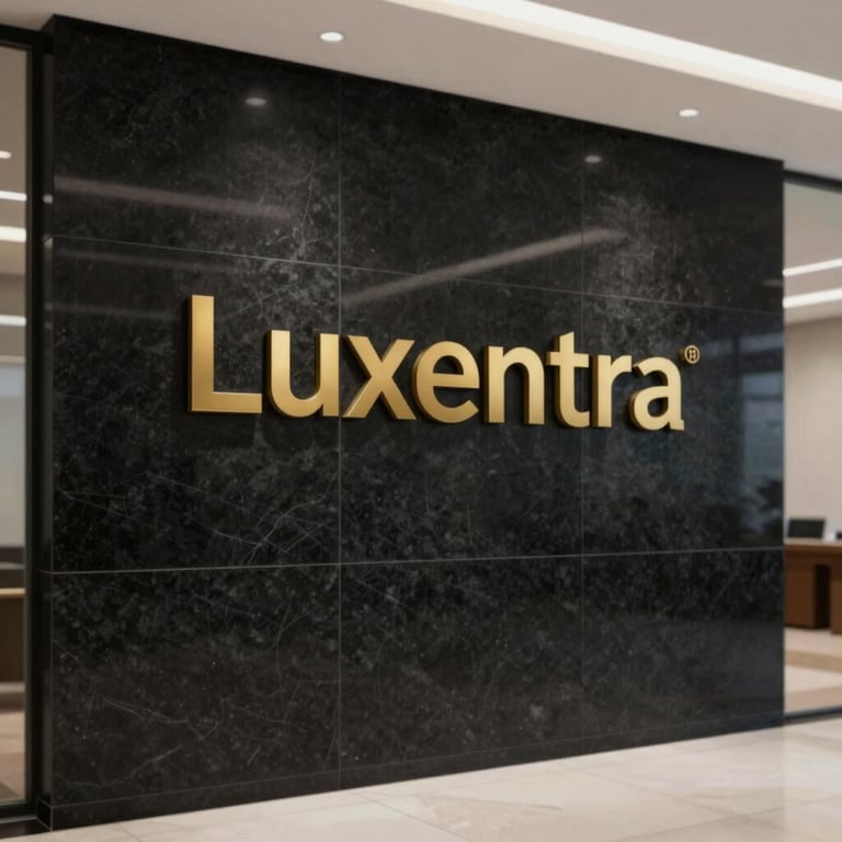 A sophisticated dark-themed office lobby with a gold 'Luxentra' logo on a black granite wall, exuding professional confidence.