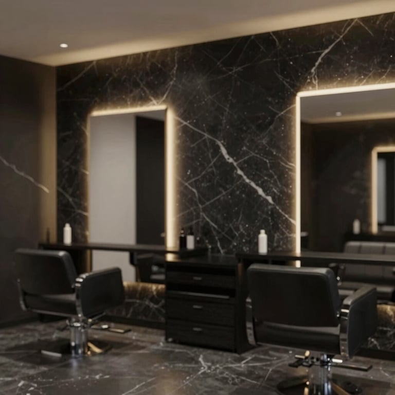 A hyper-minimalist hair salon interior with black marble textures and gold lighting accents, representing a portfolio piece.