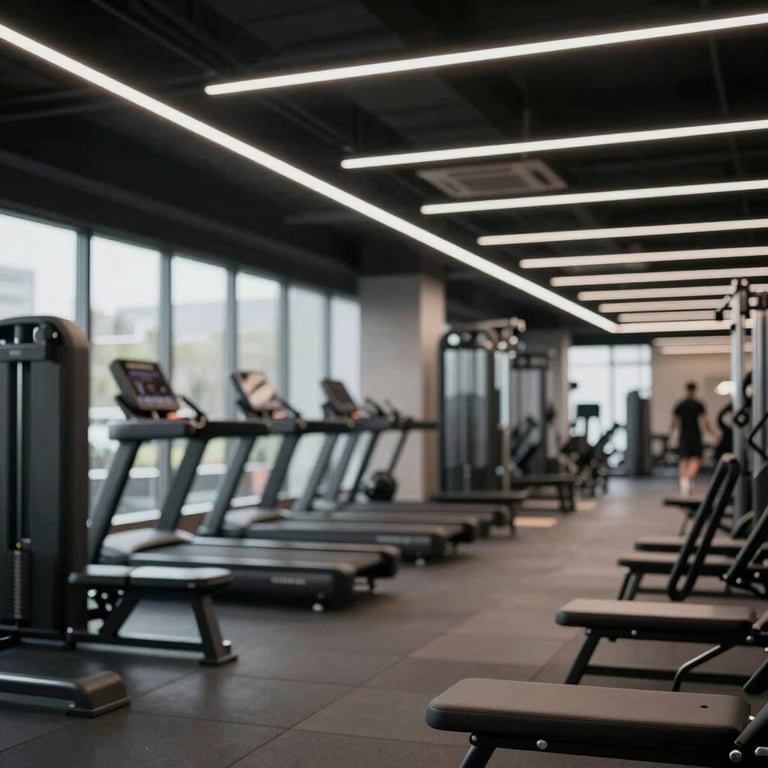 A luxury gym interior featuring matte black equipment and sharp architectural lighting, showing high-end agency work.