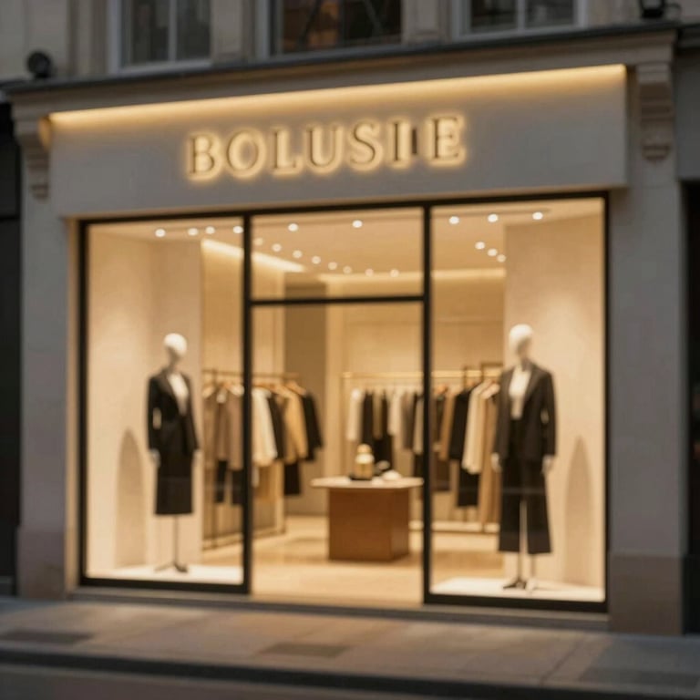 An exclusive fashion boutique storefront at night, glowing with warm gold light, showcasing retail design expertise.