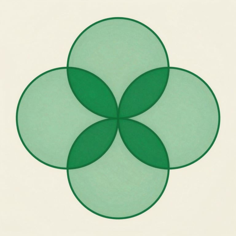 Five overlapping circles arranged in a symmetrical Venn-like cluster, each circle outlined in muted green, overlapping zones filled with a slightly deeper green tint, centered on off-white field, suggesting category intersection mapping