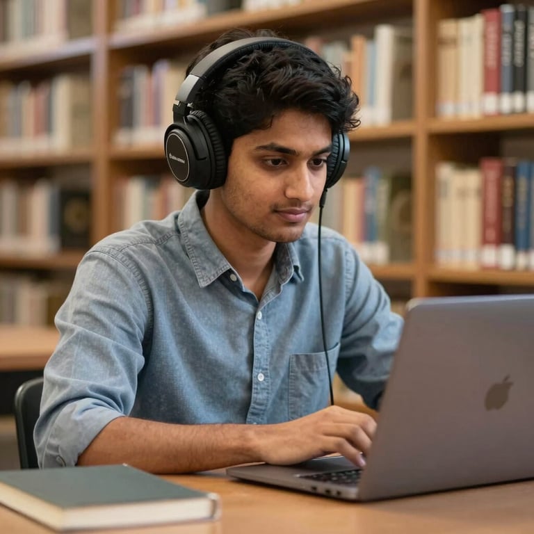 A student in a South Asian / Global library setting using high-end headphones and a laptop for a remote video course, soft natural lighting.