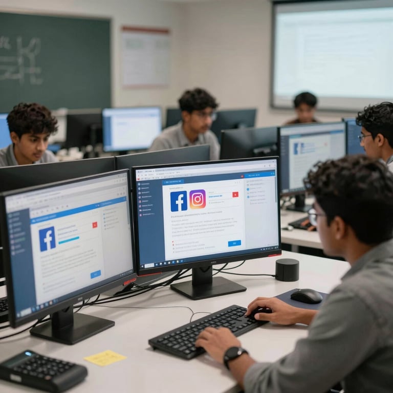 A high-tech classroom setting with multiple monitors showing Facebook and Instagram ad managers, professional lighting, South Asian / Global students present.