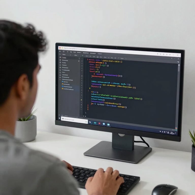An over-the-shoulder shot of a person learning web development, code visible on a screen, clean and minimal workspace in a South Asian / Global setting.