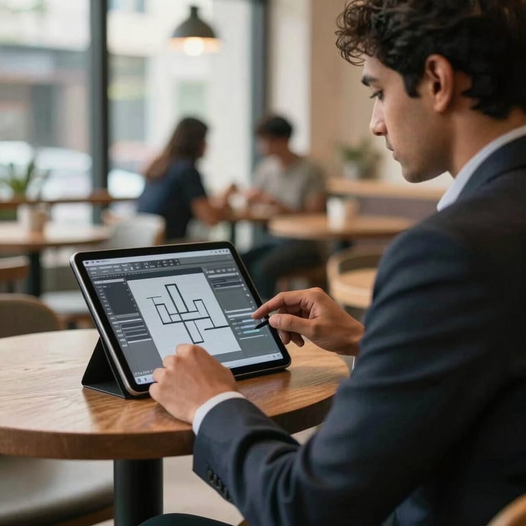A person in professional attire sitting in a bright, modern cafe in a South Asian / Global city, focused on a tablet showing graphic design software.