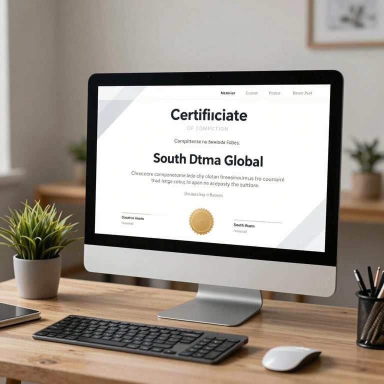 A clean, professional setup of a desktop computer showing a certificate of completion for a digital course, South Asian / Global home office environment.