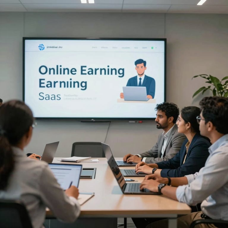 A group of diverse professionals in a South Asian / Global corporate training room, looking at a digital presentation about online earning, modern SaaS aesthetic.
