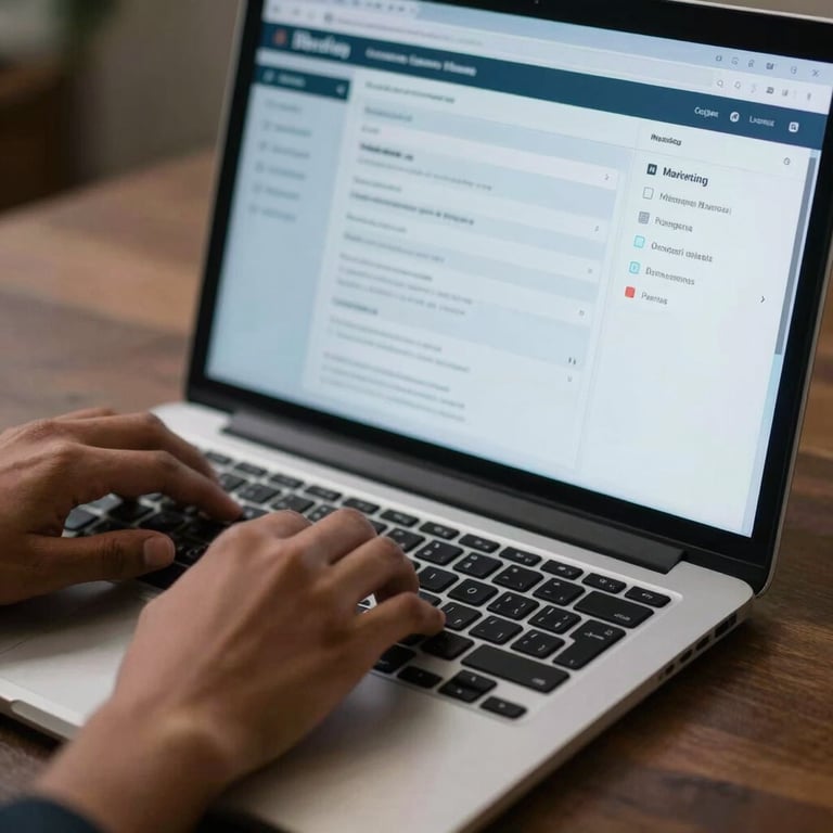 Close up of hands typing on a premium laptop, displaying a digital marketing dashboard with light blue and charcoal accents, South Asian / Global context.
