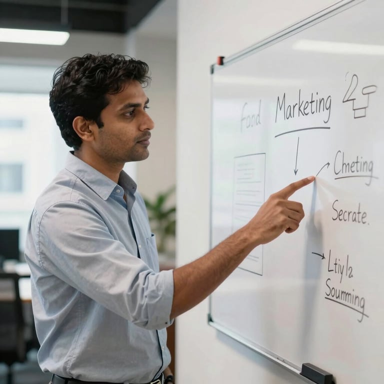 A mentor in a professional shirt pointing towards a whiteboard with a marketing strategy, bright and airy office in a South Asian / Global tech hub.