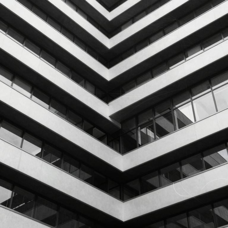 Architectural lines of a modern financial institution intersecting with vector-based probability curves, deep charcoal shadows and stark white highlights.