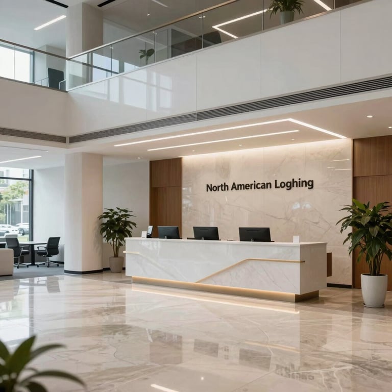 A bright, modern office lobby with a reception desk, polished stone floors, and soft lighting in a North American corporate headquarters.