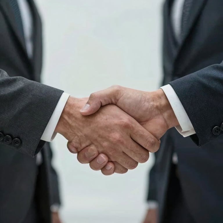 A professional close-up of a firm handshake between two business people in tailored suits, symbolizing trust and partnership.