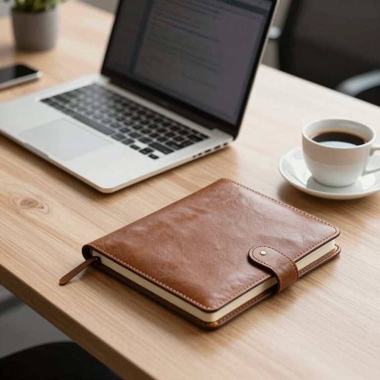 A clean, organized executive workspace with a laptop, leather notebook, and a coffee cup on a light wooden desk, high-end corporate style.