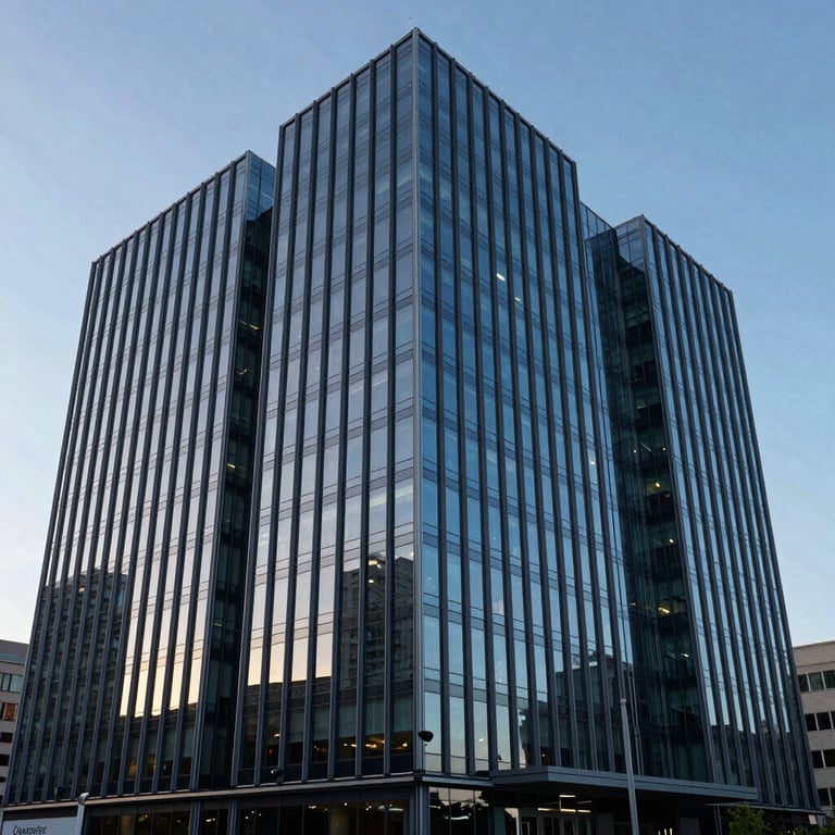 A wide shot of a modern glass office building with sharp architectural lines, reflecting a blue sky during a clear morning.