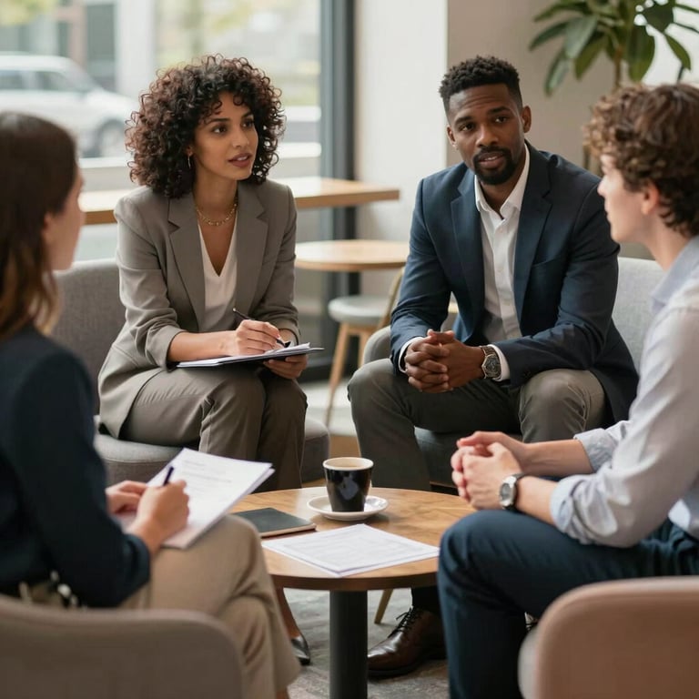 A group of diverse professionals in business casual attire engaging in a friendly brainstorming session in a sunlit lounge area.