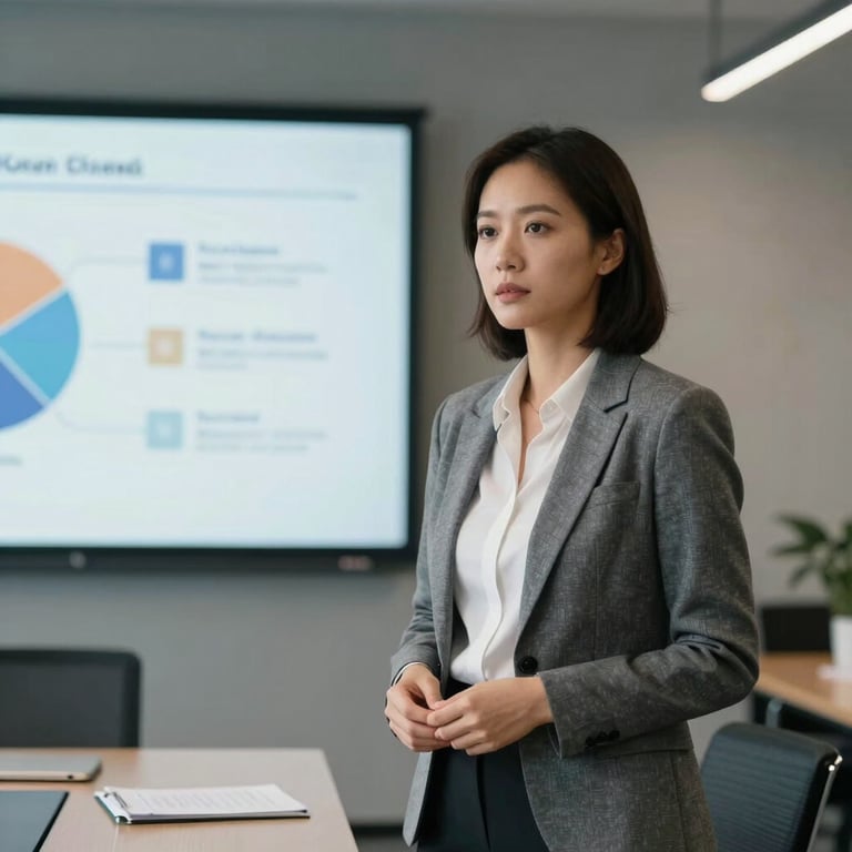 A confident professional woman in a grey blazer leading a strategic HR presentation in a modern conference room with digital screens.