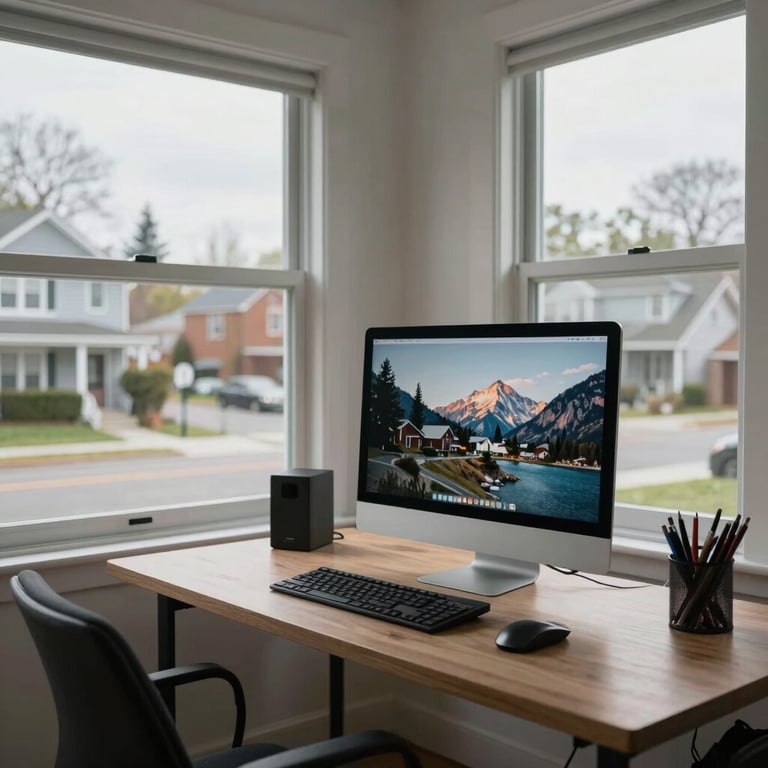 A dedicated home office with large windows overlooking a residential North American street, featuring a modern computer setup.