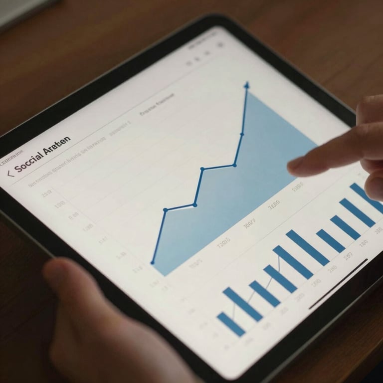 A close-up shot of a hand-held digital tablet displaying social media analytics and growth charts in off-white and blue tones.