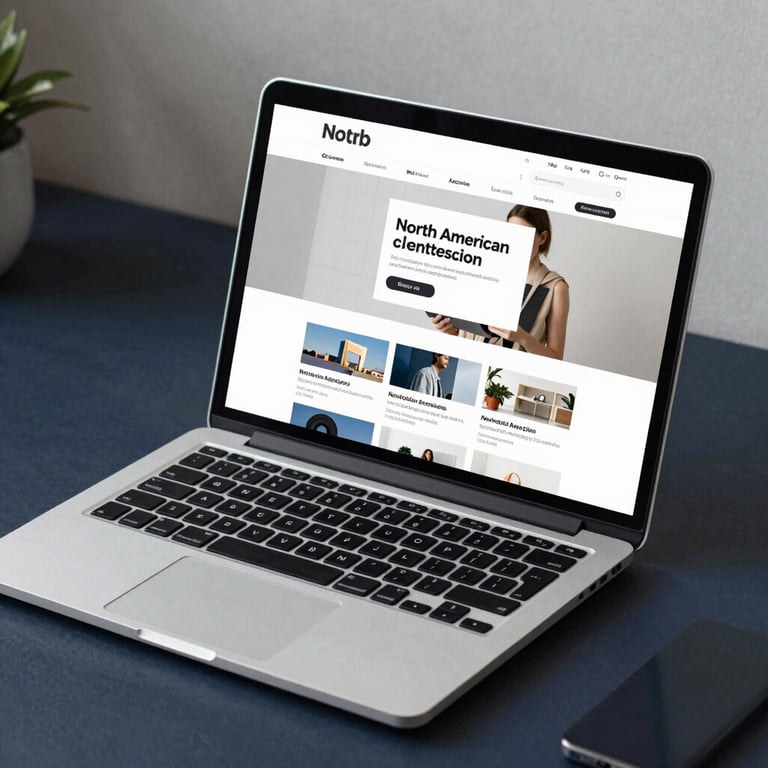 A modern laptop on a dark navy desk displaying a clean, responsive website design for a North American client.