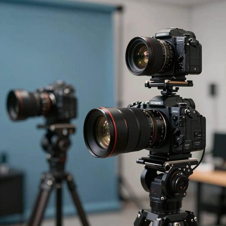 A professional creative studio with high-end cameras and muted blue accents in a North American / US city setting.