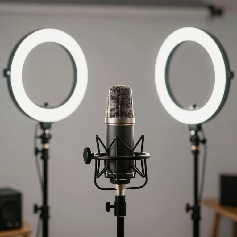 Photography of a high-quality video production setup, including a microphone and ring light, in a clean professional studio.