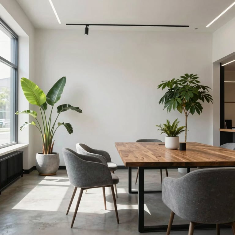 A minimalist meeting space in Easton, PA, with contemporary furniture, green plants, and bright natural light.