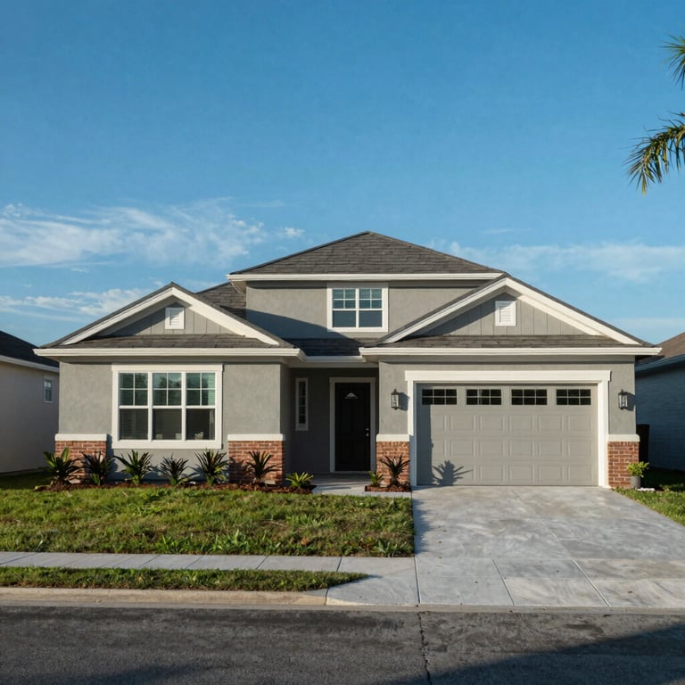 A wide shot of a modern residential home in Frostproof, Florida, under a clear blue sky, appearing well-maintained and cool.