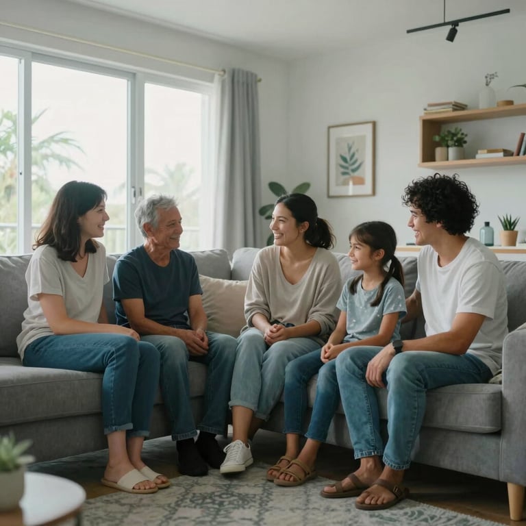 A happy family relaxing in a bright, cool, modern North American living room with soft diffused lighting and high-quality interior design.