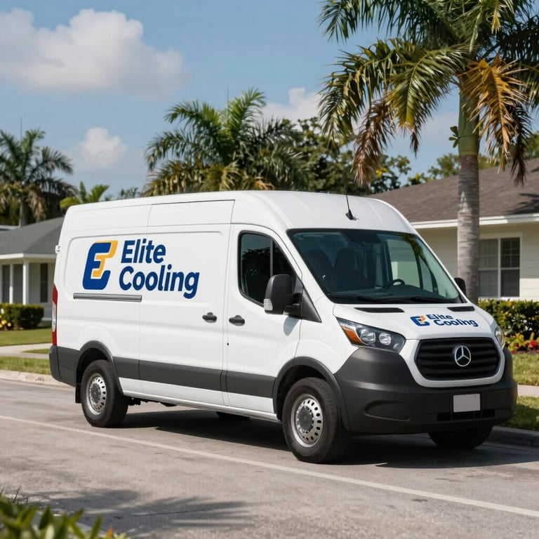 A clean, white service van with professional Elite Cooling branding parked on a suburban street in Frostproof, Florida, under a bright sunny sky.