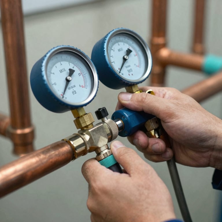 Close-up of a technician's hands using a professional pressure gauge on copper AC pipes, featuring colors of medium blue and light aqua.