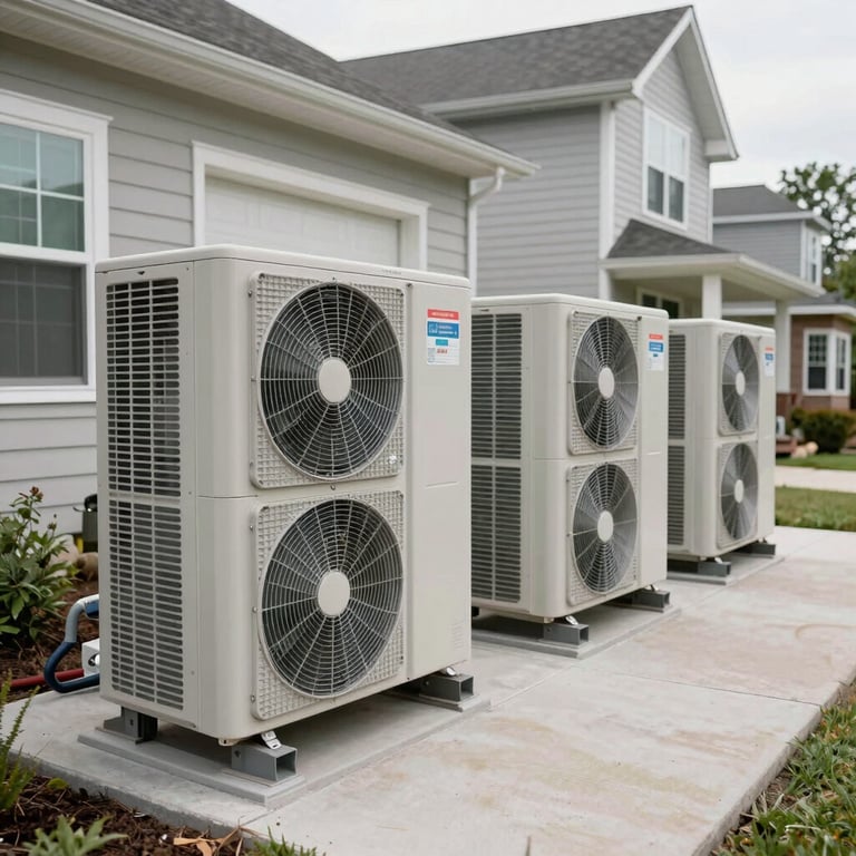 A row of new, high-efficiency outdoor cooling units installed neatly on a concrete pad beside a professional North American residential building.
