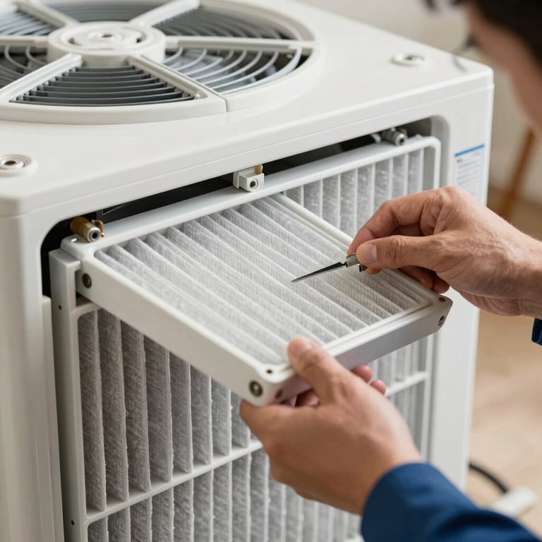 Close-up of a fresh air filter being expertly slotted into a modern HVAC system by a technician in a North American home environment.