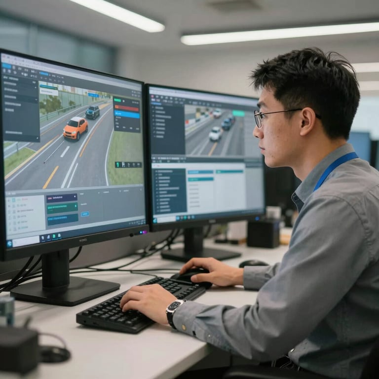 A focused logistics dispatcher in a modern US office environment monitoring digital fleet tracking screens.