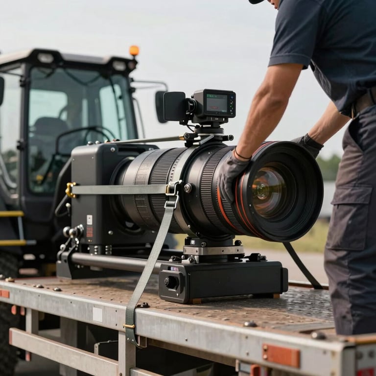 A close-up of heavy machinery being securely strapped onto a flatbed trailer by a professional in work attire.