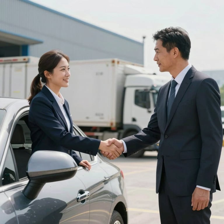A professional business handshake between a driver and a logistics manager in front of a modern transport facility.