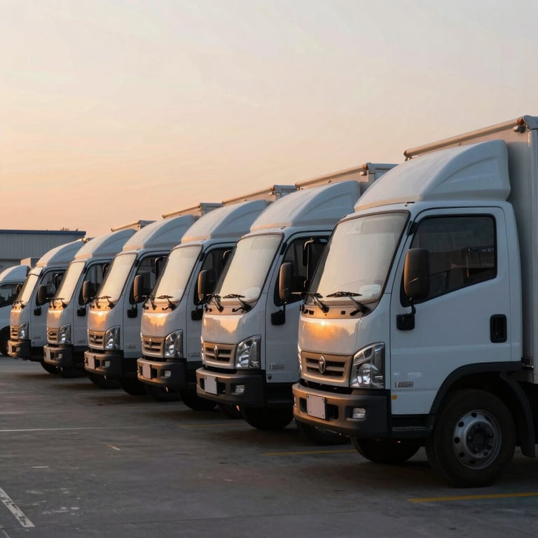 A row of well-maintained box trucks lined up at a logistics hub at sunrise, reflecting a morning orange glow.