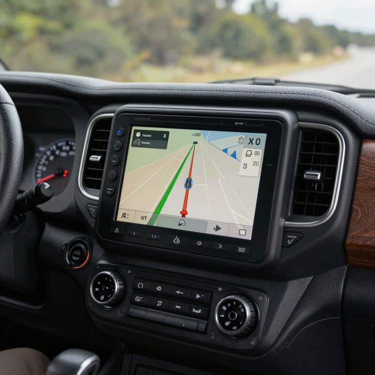 An interior shot of a truck dashboard with a modern GPS navigation system displaying a clear route.