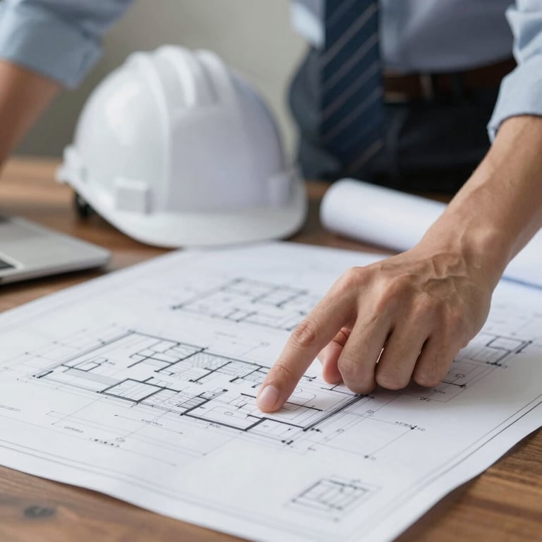 A close-up of a professional engineer pointing at a detailed blueprint on a mahogany desk.