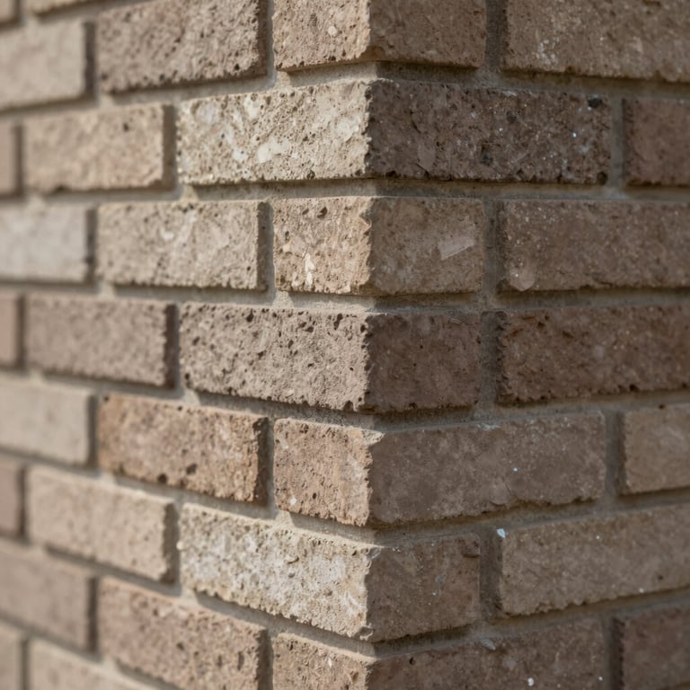 Detail shot of high-quality masonry and brickwork, showcasing craftsmanship and robust materials in #A68A6B tones.
