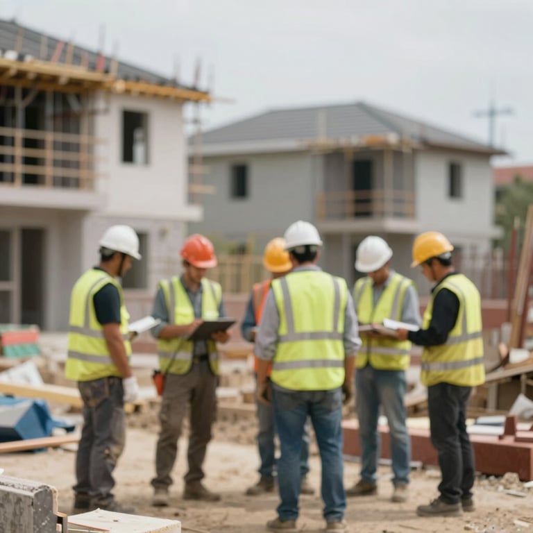 A team of construction workers in safety gear collaborating on a residential project site.
