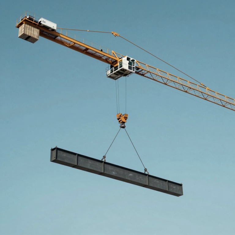 A heavy-duty construction crane lifting a structural steel beam against a blue #5C7D99 sky.