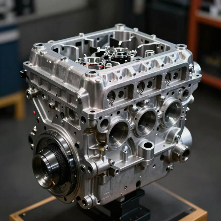 A fully restored engine block painted in metallic silver, reflecting bright overhead studio lighting.